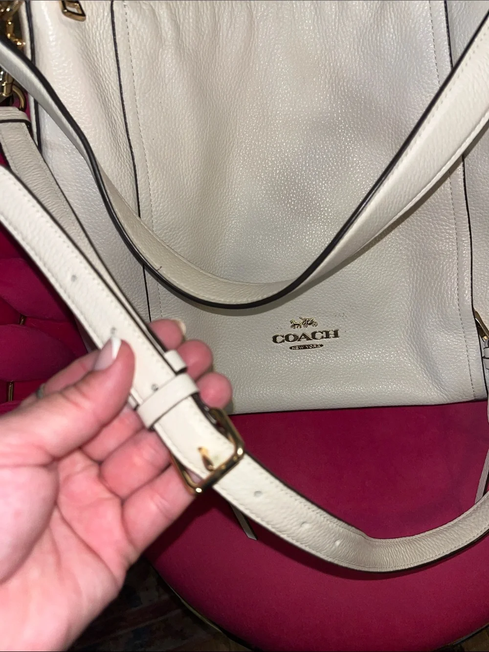 Coach Pebble Leather Marlon Shoulder Bag in White/Cream with Gold Hardware